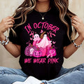 In October We Wear Pink, Ghost Pumpkin Print T-Shirt, Breast Cancer Awareness Halloween Top, Autumn Festival Support Gift