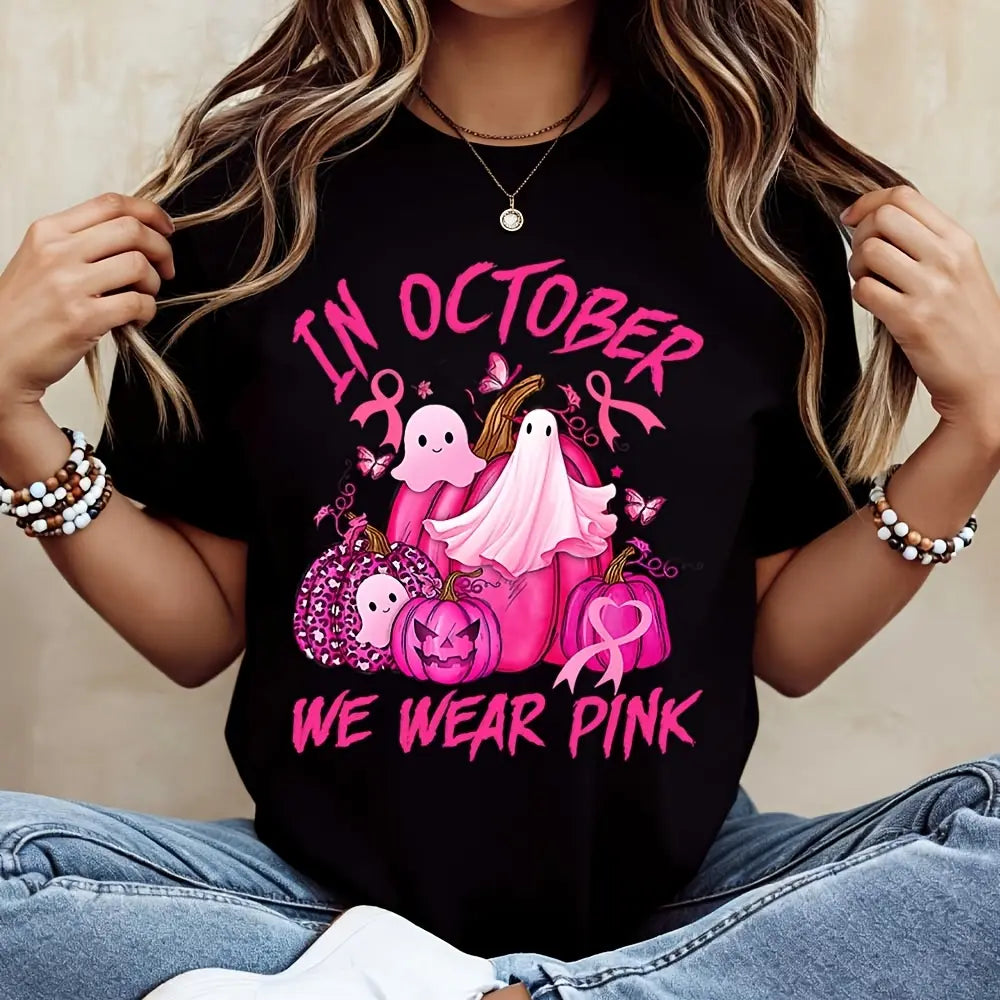 In October We Wear Pink, Ghost Pumpkin Print T-Shirt, Breast Cancer Awareness Halloween Top, Autumn Festival Support Gift