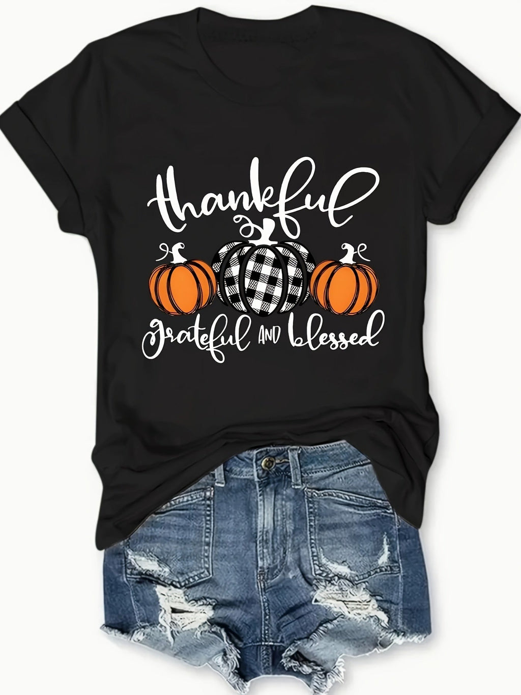 Women's Thankful Grateful Blessed Pumpkin Graphic T-Shirt, Fall Thanksgiving Casual Short Sleeve Crew Neck Tee, Soft Cotton Autumn Shirt for Women