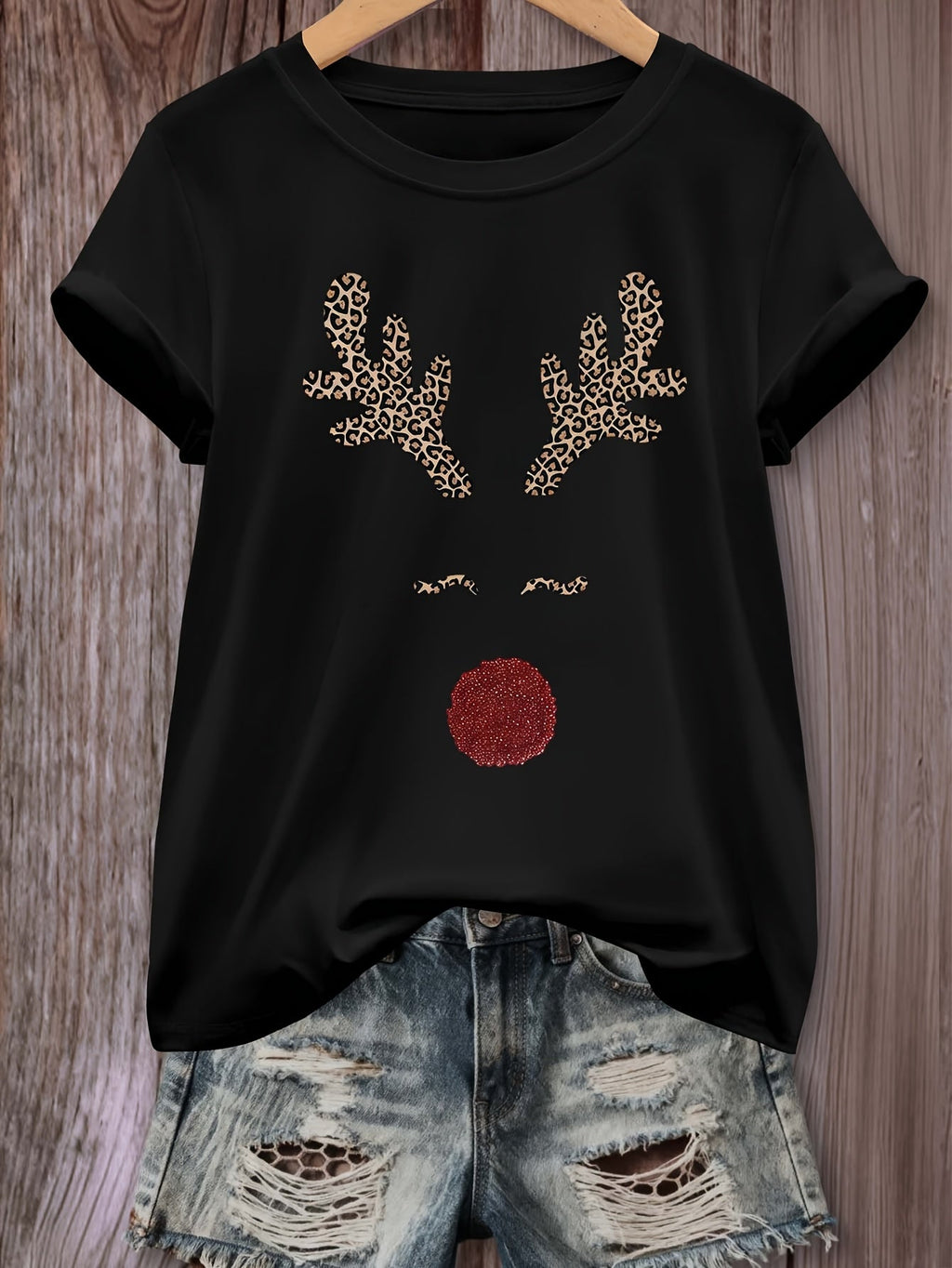 Women's Christmas Reindeer Graphic T-Shirt Cute Leopard Antler Red Nose Holiday Tee Casual Short Sleeve Crewneck Gift Top