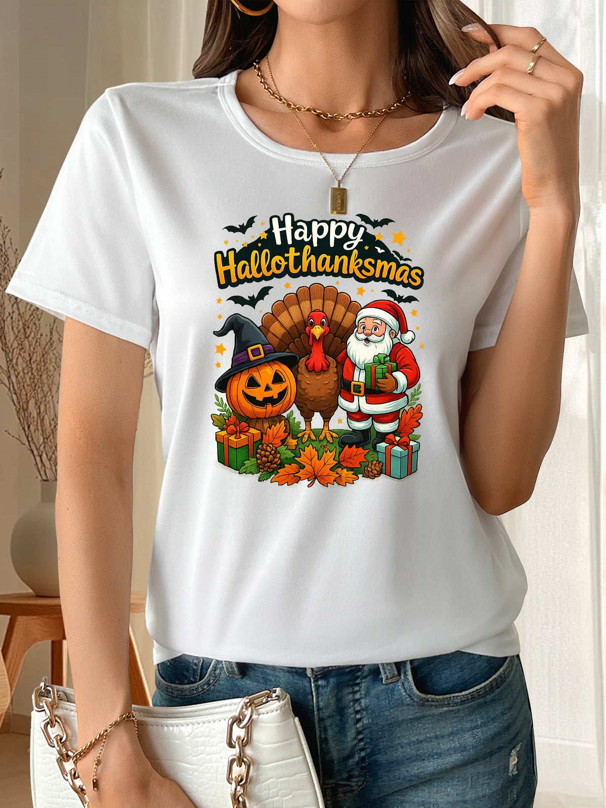 Women's Cute Holiday Graphic Tee Halloween Thanksgiving Christmas Shirt, Pumpkin Turkey Santa Print Casual Fall Winter Short Sleeve Top