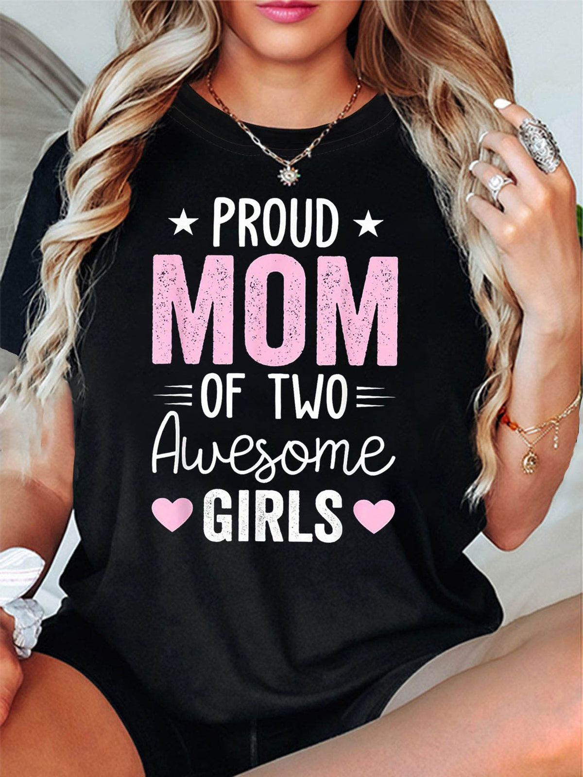 Proud Mom of Two Graphic Print T-Shirt Women's Spring-Summer Short-Sleeve Crew-Neck Casual T-Shirt  Daily Leisure, Holiday Gift