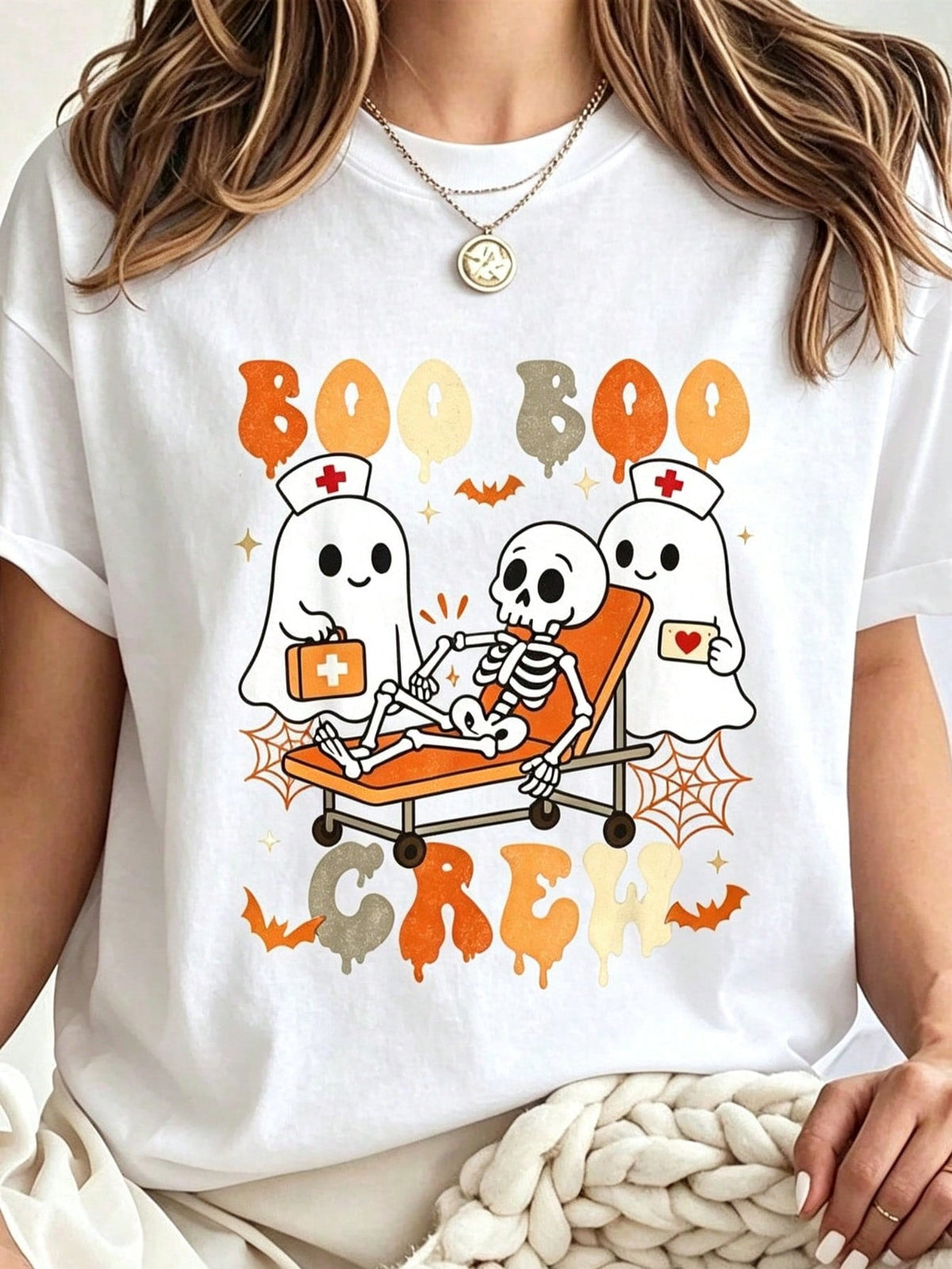 100% Cotton Halloween Nurse Crew Ghost Doctor Nursing T-Shirt Printed T-Shirt,Short-Sleeved Crew Neck Casual Top,Suitable For All Seasons,Women's Wear