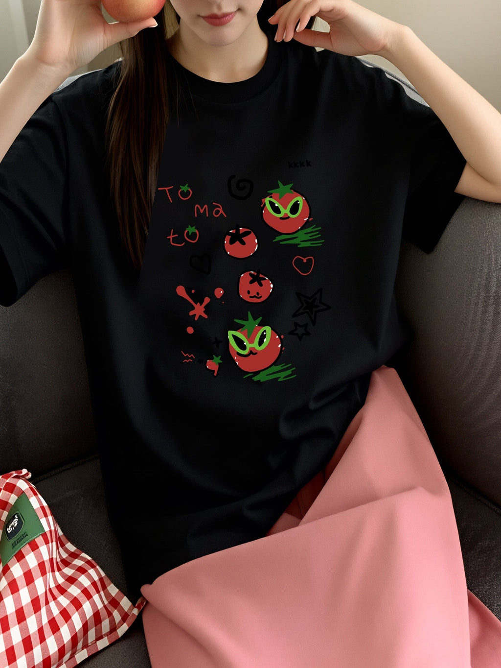 Women Cute Cartoon Tomato Alien Doodle Graphic T?Shirt, Crew Neck Short Sleeve Casual Fun Street?Style Tee Top