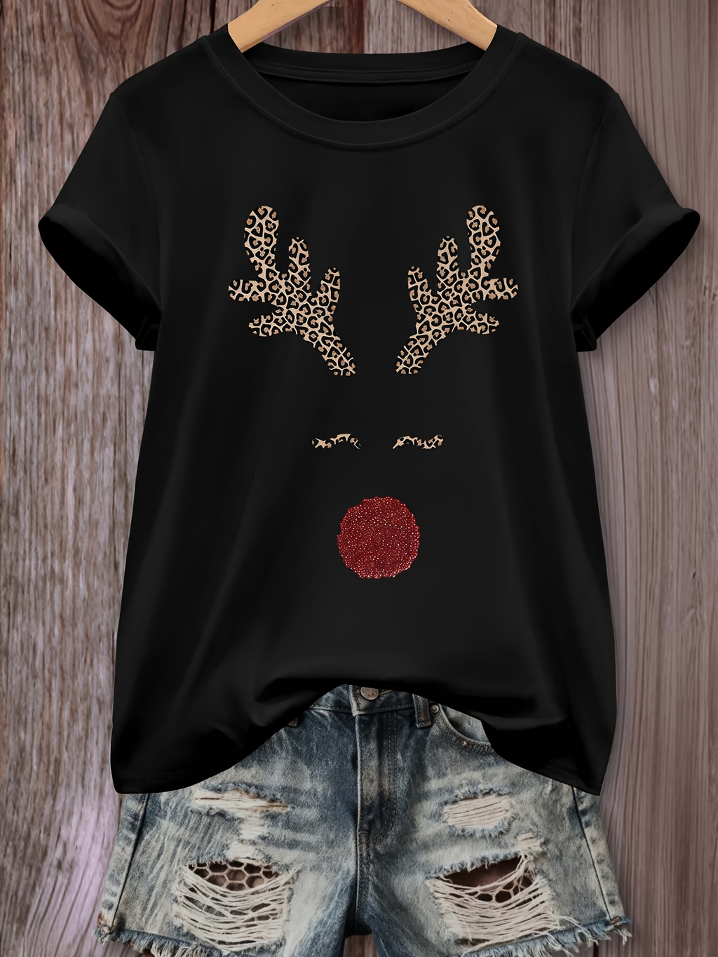 Women's Christmas Reindeer Graphic T-Shirt Cute Leopard Antler Red Nose Holiday Tee Casual Short Sleeve Crewneck Gift Top