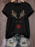 Women's Christmas Reindeer Graphic T-Shirt Cute Leopard Antler Red Nose Holiday Tee Casual Short Sleeve Crewneck Gift Top