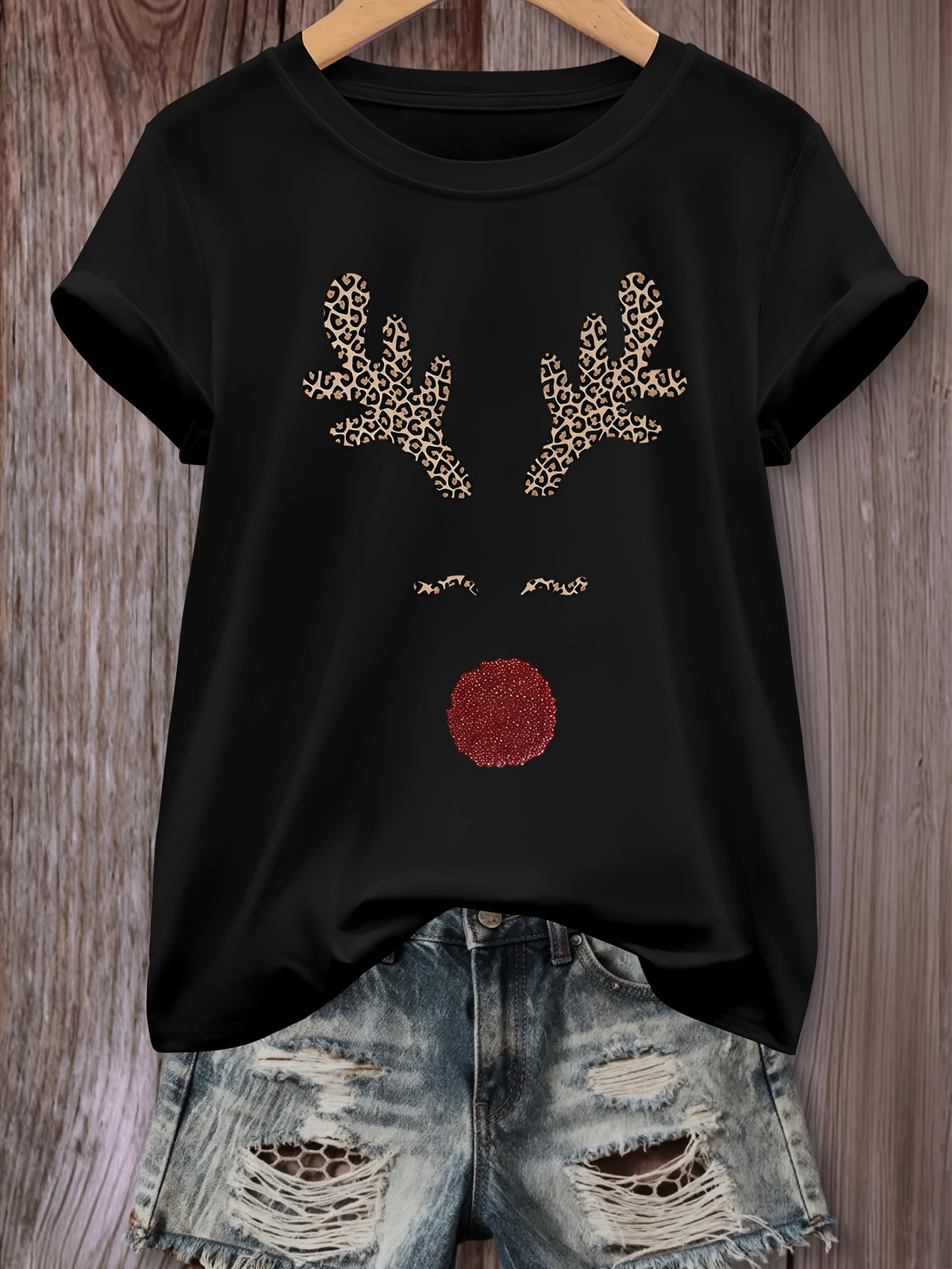 Women's Christmas Reindeer Graphic T-Shirt Cute Leopard Antler Red Nose Holiday Tee Casual Short Sleeve Crewneck Gift Top