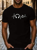 Men Music Heartbeat Graphic Short‑Sleeve T‑Shirt, Headphone & Music Note ECG Pulse Print, Casual Crew Neck Breathable Summer Tee