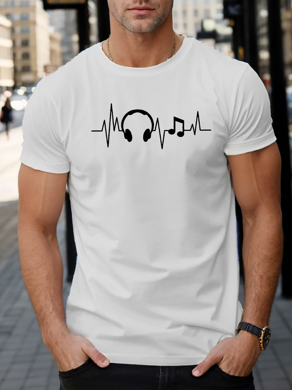 Men Music Heartbeat Graphic Short‑Sleeve T‑Shirt, Headphone & Music Note ECG Pulse Print, Casual Crew Neck Breathable Summer Tee