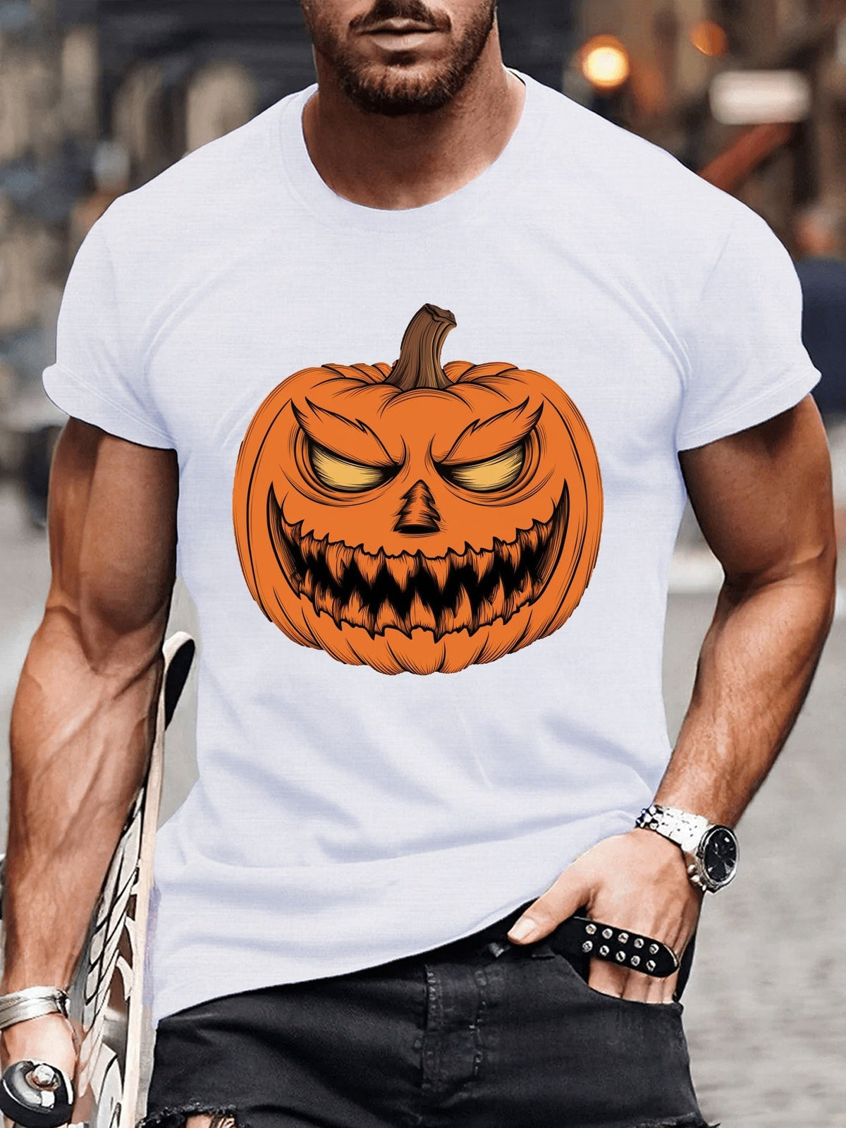 Carved Halloween Pumpkin Illustration Print Tee Shirt, Tees For Men, Casual Short Sleeve T-shirt
