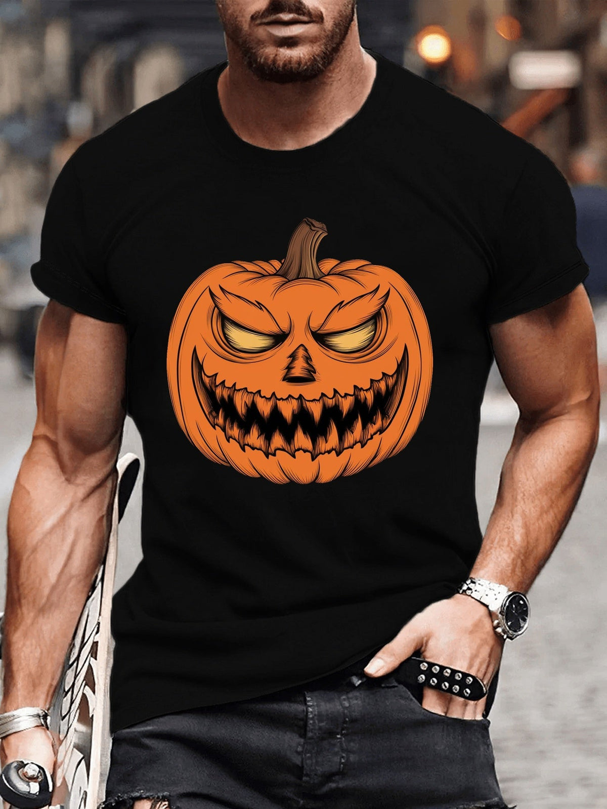 Carved Halloween Pumpkin Illustration Print Tee Shirt, Tees For Men, Casual Short Sleeve T-shirt