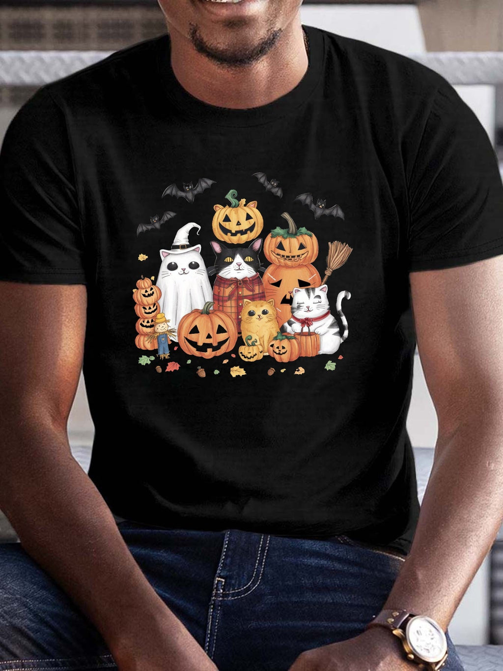 Halloween T-Shirt, Cats Whimsical Graphic Print Short Sleeve Casual Top, Round Neck