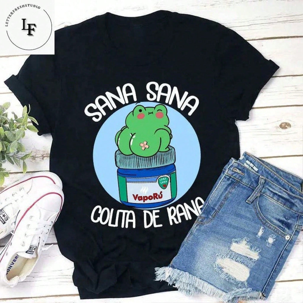 Women Sana Sana Colita De Rana Graphic T?Shirt, Funny Spanish Latina Saying Frog Print Crew Neck Short?Sleeve Casual Novelty Tee