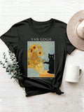 Vintage Art Graphic T?Shirt for Women, Van Gogh Sunflowers With Cute Black Cat Casual Short Sleeve Art Lover Tee