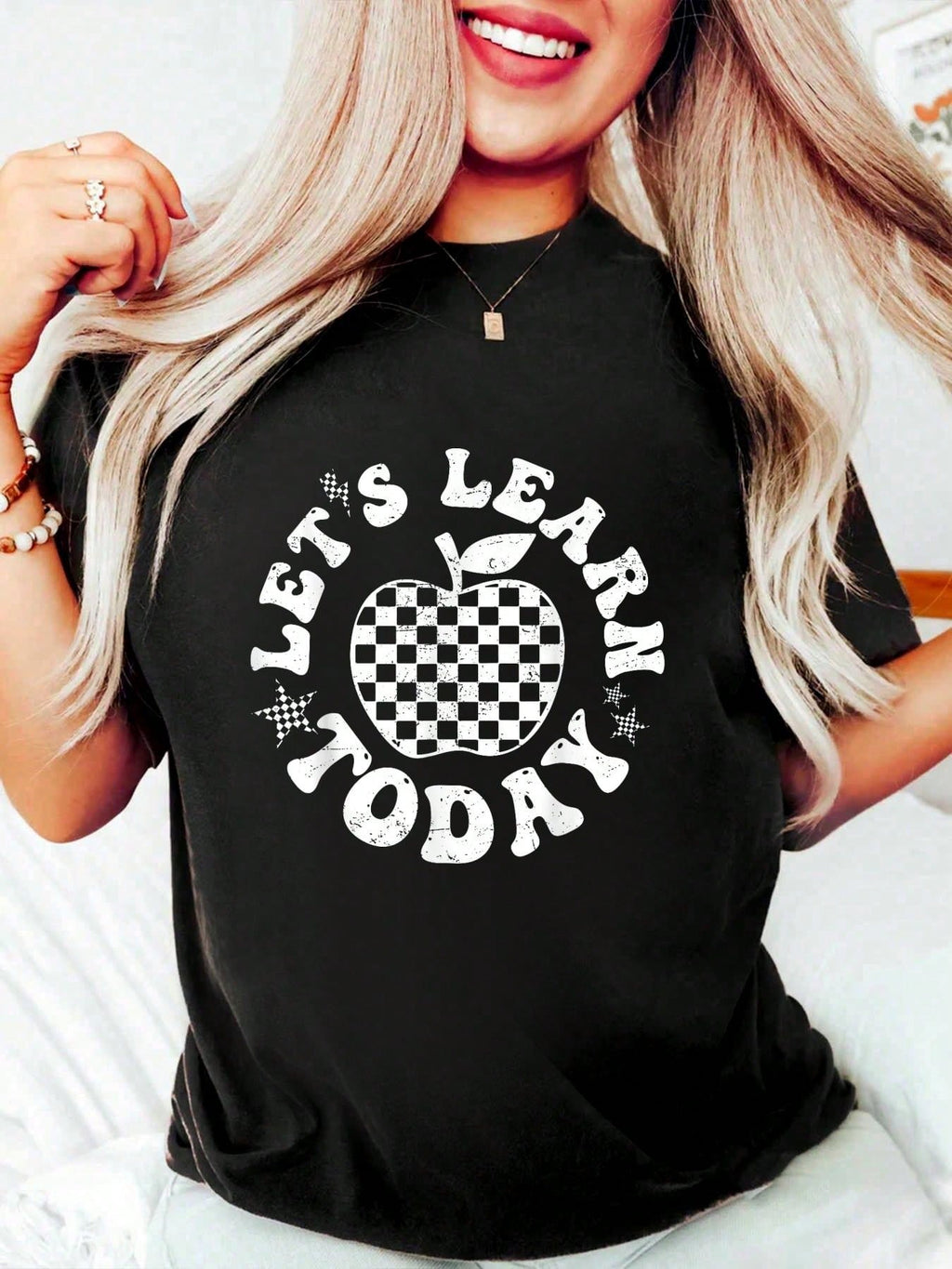 Womens Retro Teacher Graphic T?Shirt, Let's Learn Today Checkerboard Apple Star Distressed Print Crew Neck Short?Sleeve Casual Back?to?School Top