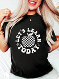 Womens Retro Teacher Graphic T?Shirt, Let's Learn Today Checkerboard Apple Star Distressed Print Crew Neck Short?Sleeve Casual Back?to?School Top