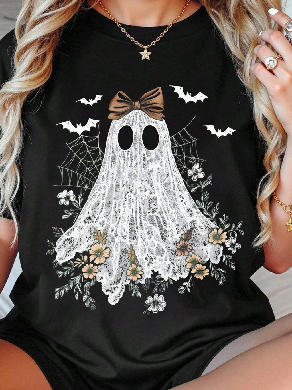 Women Coquette Lace Ghost Halloween Graphic T?Shirt, Floral Bow Ghost with Bats Spider Web Print, Vintage Spooky Fall Crew Neck Casual Short Sleeve Holiday Tee Top