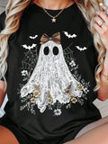 Women Coquette Lace Ghost Halloween Graphic T?Shirt, Floral Bow Ghost with Bats Spider Web Print, Vintage Spooky Fall Crew Neck Casual Short Sleeve Holiday Tee Top