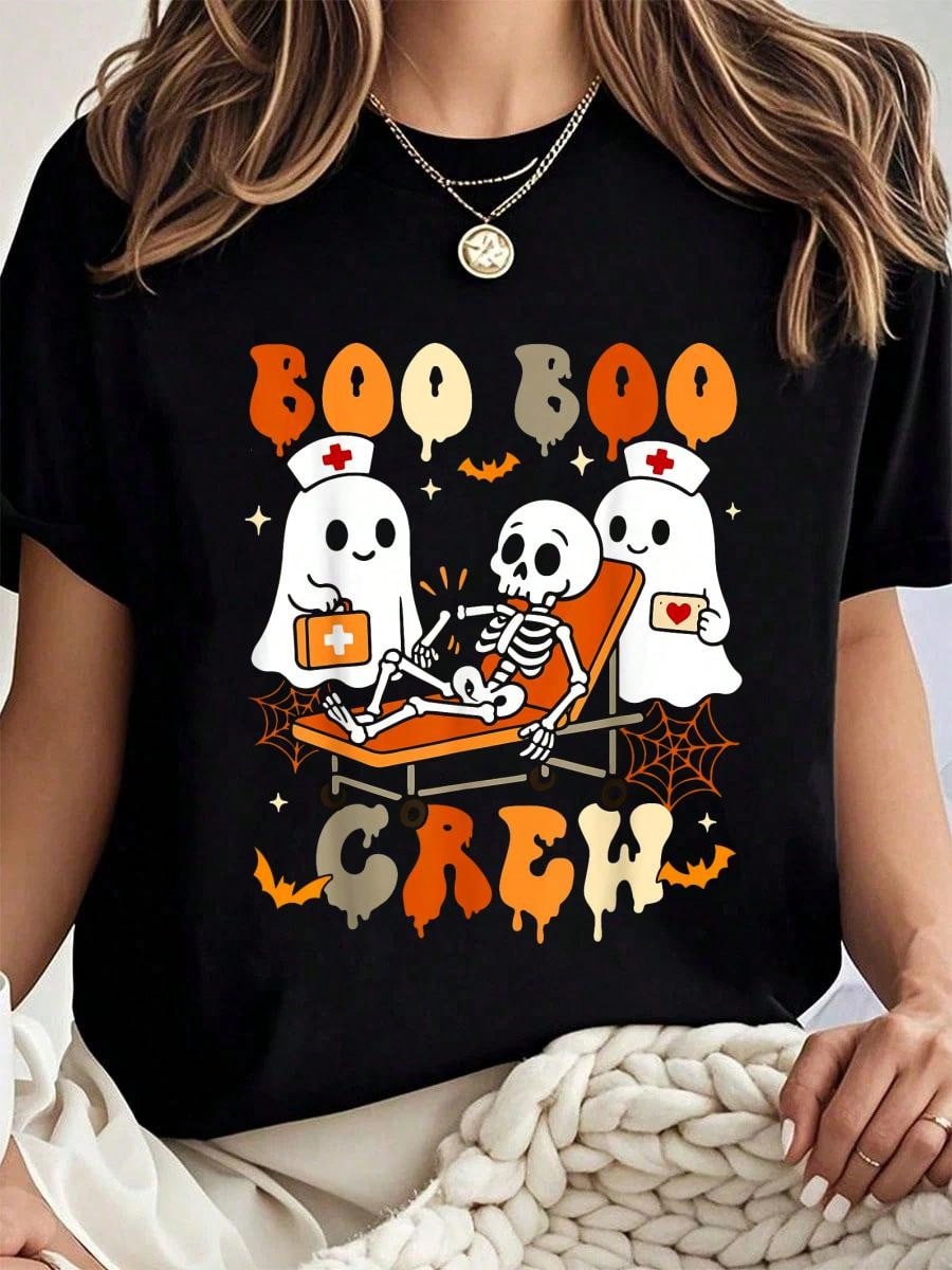 100% Cotton Halloween Nurse Crew Ghost Doctor Nursing T-Shirt Printed T-Shirt,Short-Sleeved Crew Neck Casual Top,Suitable For All Seasons,Women's Wear