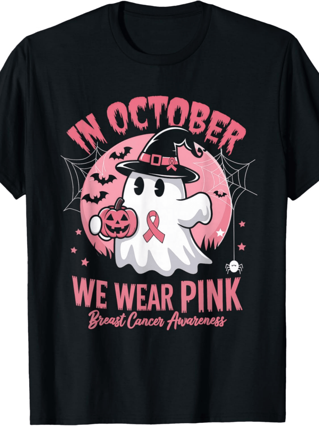 In October We Wear Pink Breast Cancer Awareness Halloween Ghost Witch Shirt Women Funny Autumn Festival Graphic Tee Top