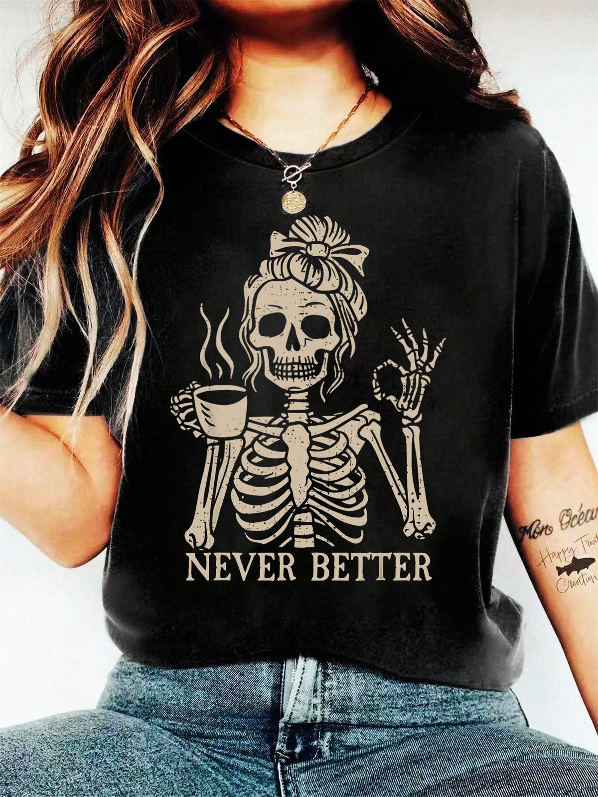 Coffee Skull Girl Lettered Round-Neck Short-Sleeved Fashionable Women's T-Shirt