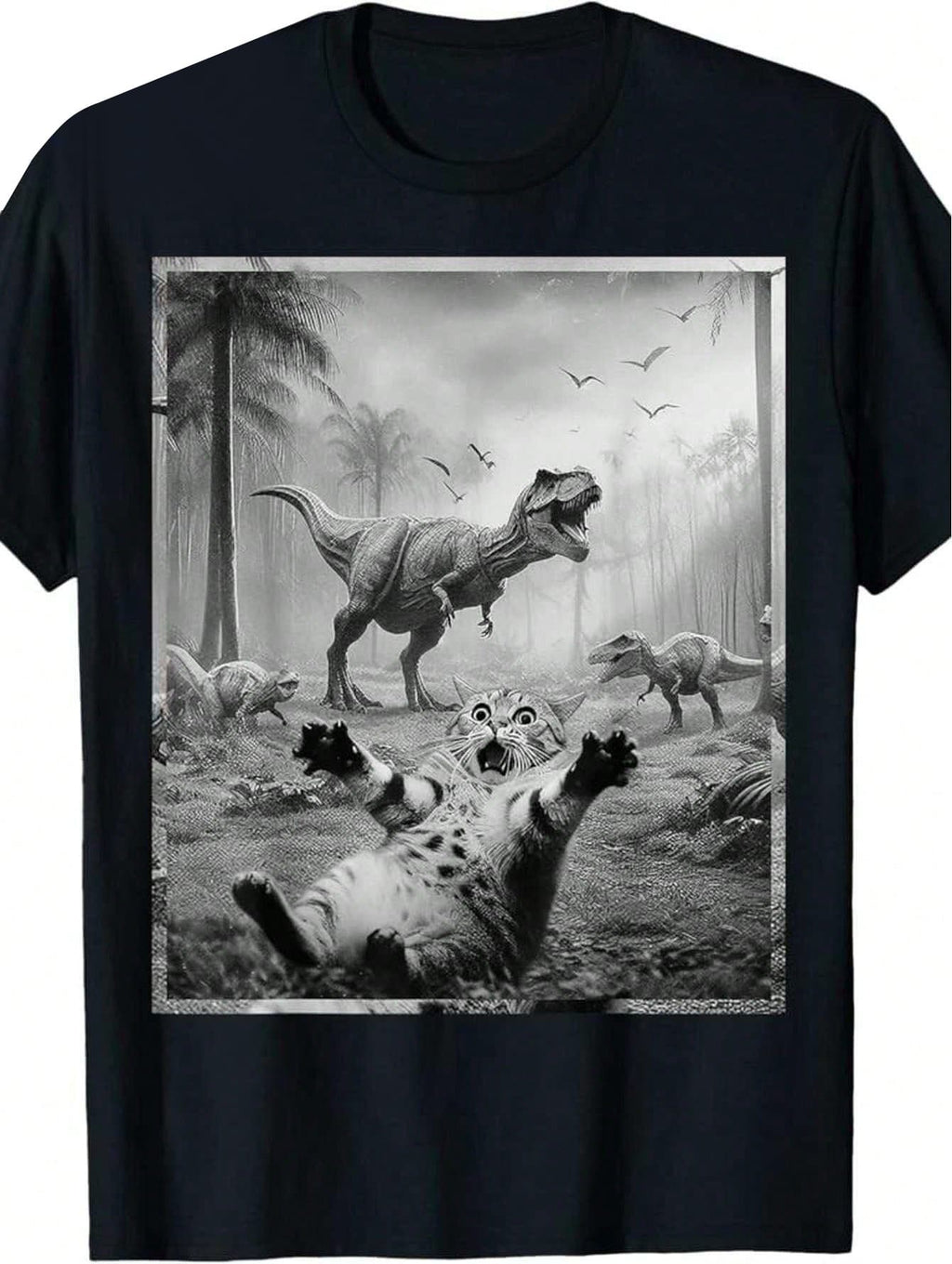 Men's Funny Cat & T-Rex Dinosaur Graphic Tee - Soft Cotton, Short Sleeve,Black Retro Style Casual Shirt For All Seasons, Everyday Clothing