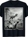 Men's Funny Cat & T-Rex Dinosaur Graphic Tee - Soft Cotton, Short Sleeve,Black Retro Style Casual Shirt For All Seasons, Everyday Clothing