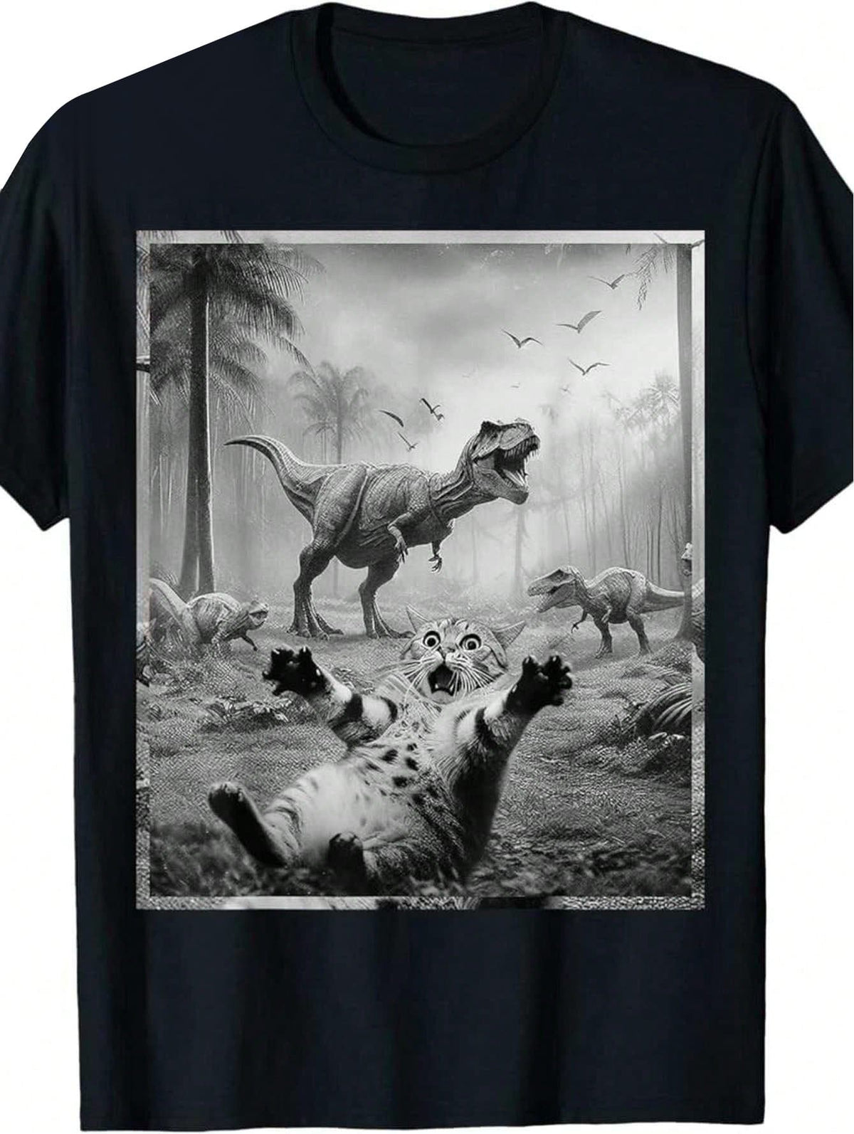 Men's Funny Cat & T-Rex Dinosaur Graphic Tee - Soft Cotton, Short Sleeve,Black Retro Style Casual Shirt For All Seasons, Everyday Clothing