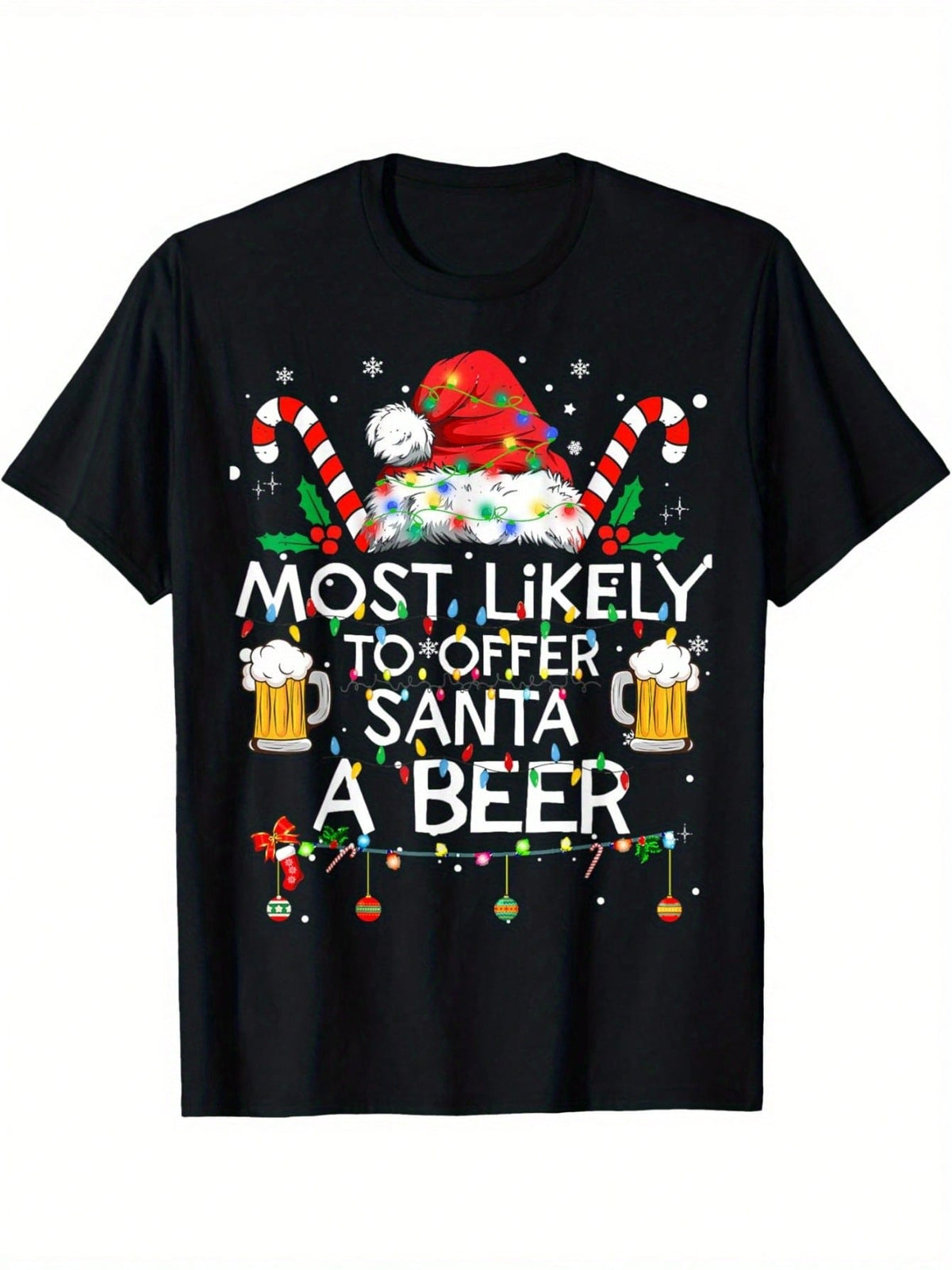 Funny Christmas Beer Lover TShirt - Most Likely To Offer Santa A Beer Retro Humor Graphic, Black Short Sleeve Casual Tee With Santa & Beer Mug Design All-Season