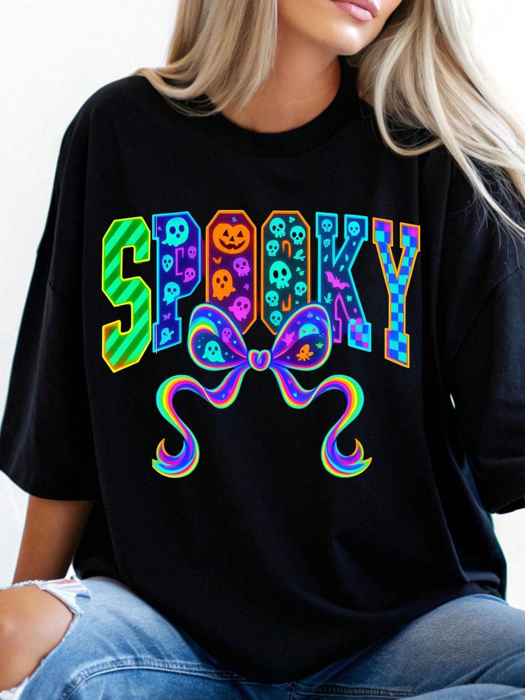 Women's Halloween Spooky & Bat Print T-Shirt -  100% Short Sleeve Top