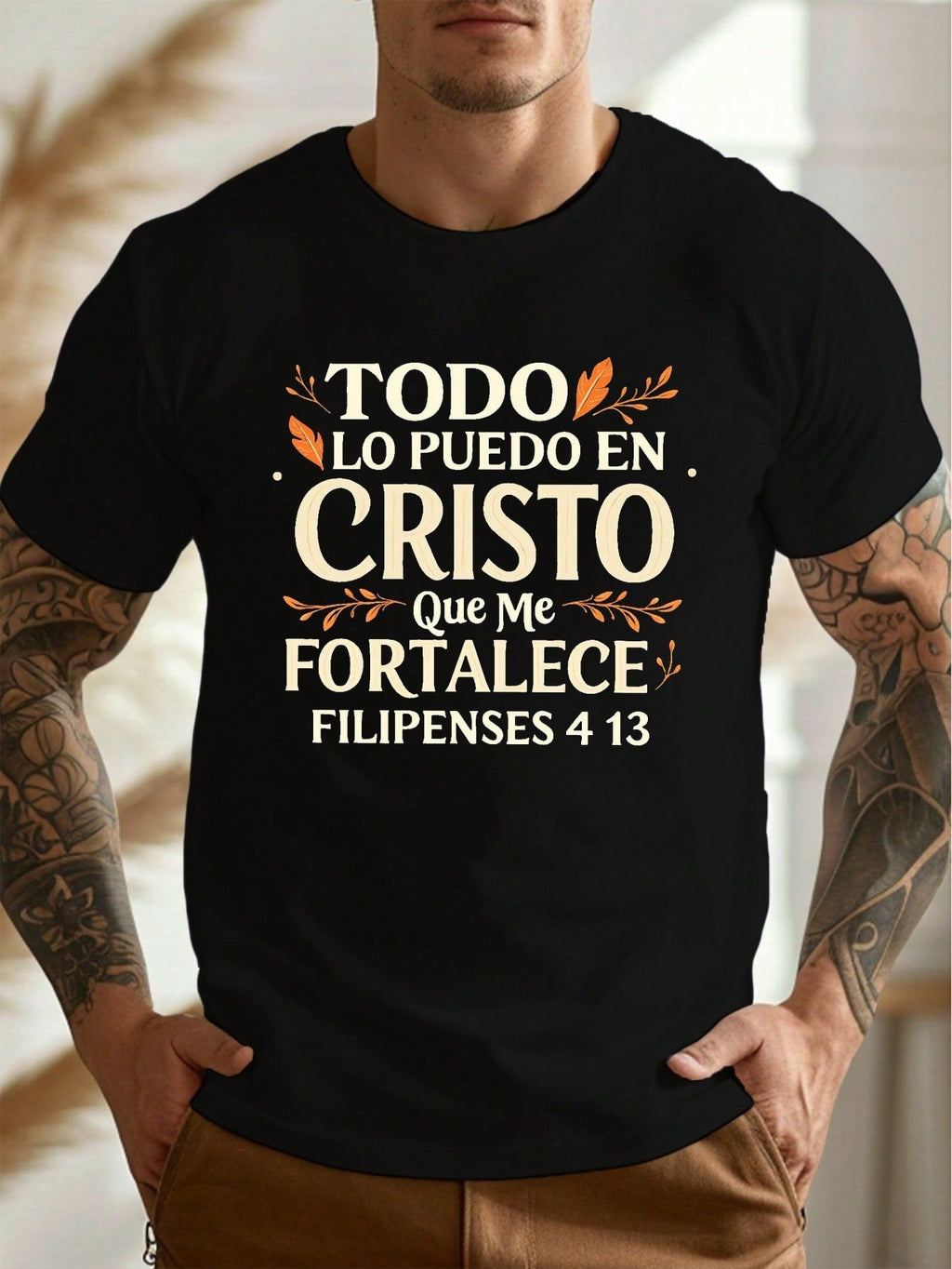 Men's Philip 4:13 Inspirational Quote T-Shirt- Black Crew Neck Short Sleeve T-Shirt With Spanish English Bible Print, Lightweight Summer Casual Top