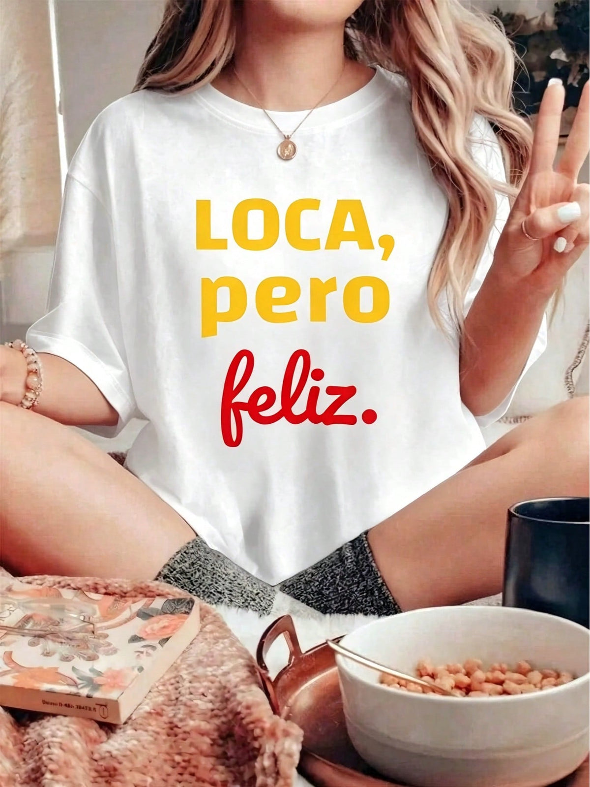 Womens Funny Spanish Quote Graphic T?Shirt, Loca Pero Feliz Spanglish Saying Print Crew Neck Oversized Short?Sleeve Casual Novelty Daily?Wear Top Gift For Latina Ladies