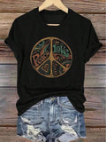 Women's Hippie Peace Symbol Graphic T-Shirt - Retro 60s70s Vintage Tee - Black Crew Neck Top
