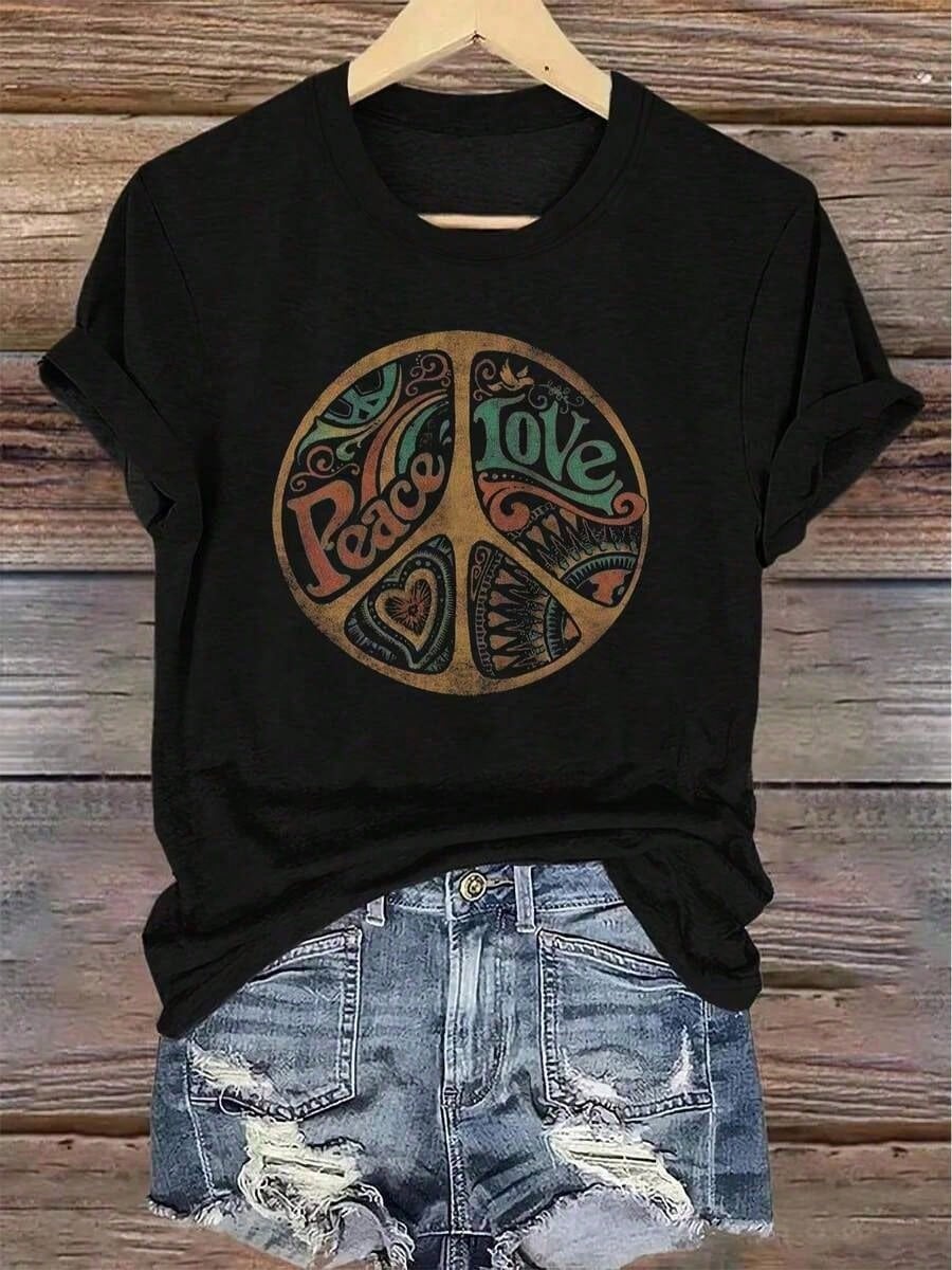Women's Hippie Peace Symbol Graphic T-Shirt - Retro 60s70s Vintage Tee - Black Crew Neck Top