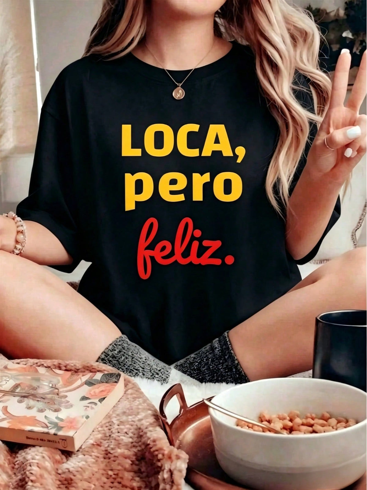 Womens Funny Spanish Quote Graphic T?Shirt, Loca Pero Feliz Spanglish Saying Print Crew Neck Oversized Short?Sleeve Casual Novelty Daily?Wear Top Gift For Latina Ladies