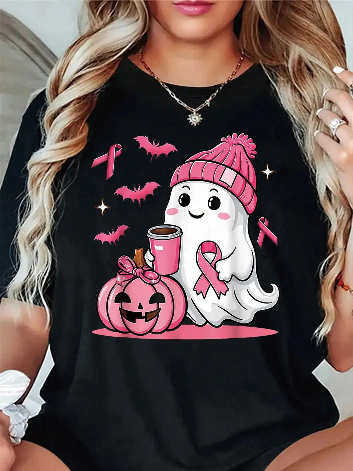 Pink Ribbon For Women'S Breast Cancer Awareness And Halloween Ghost T-Shirt