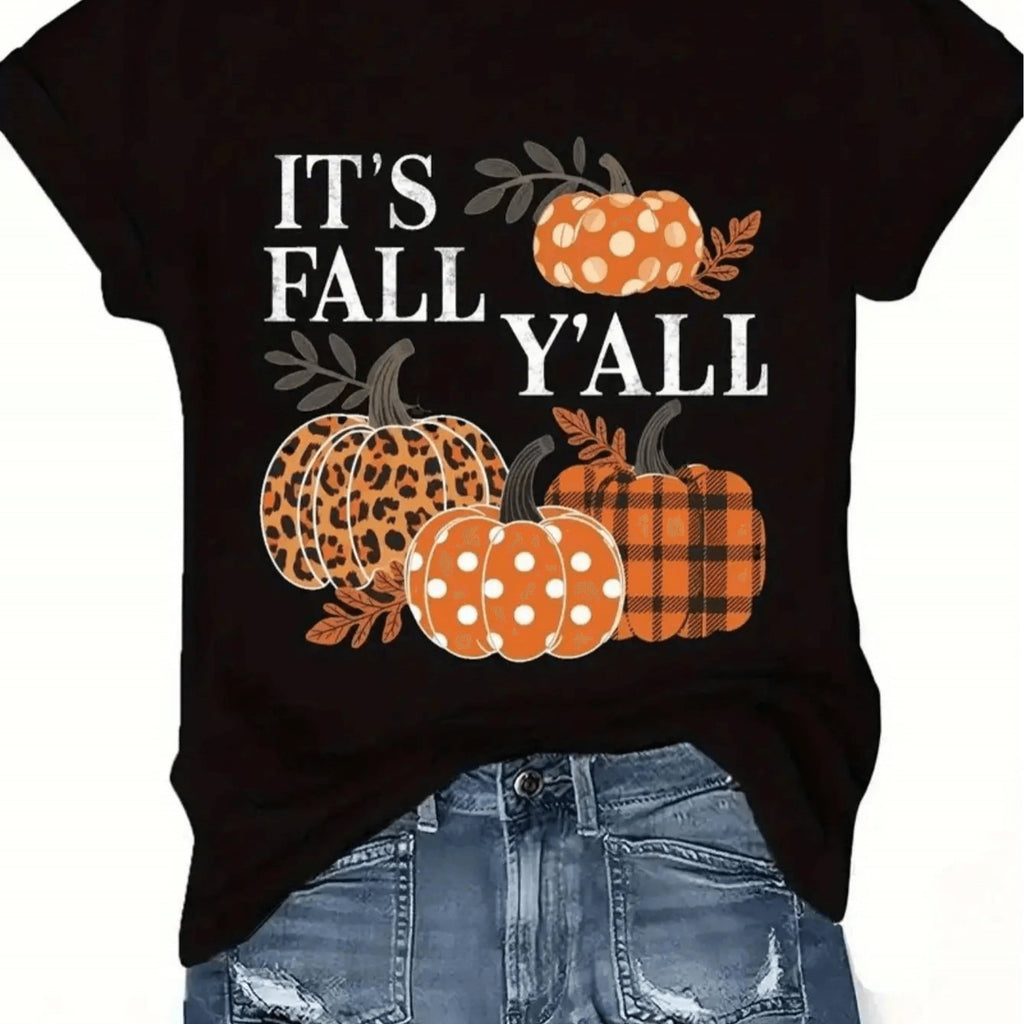 Women's Halloween Pumpkin Print T-Shirt. The Lightweight And Breathable Crew Neck Design Is Ideal For Thanksgiving Parties