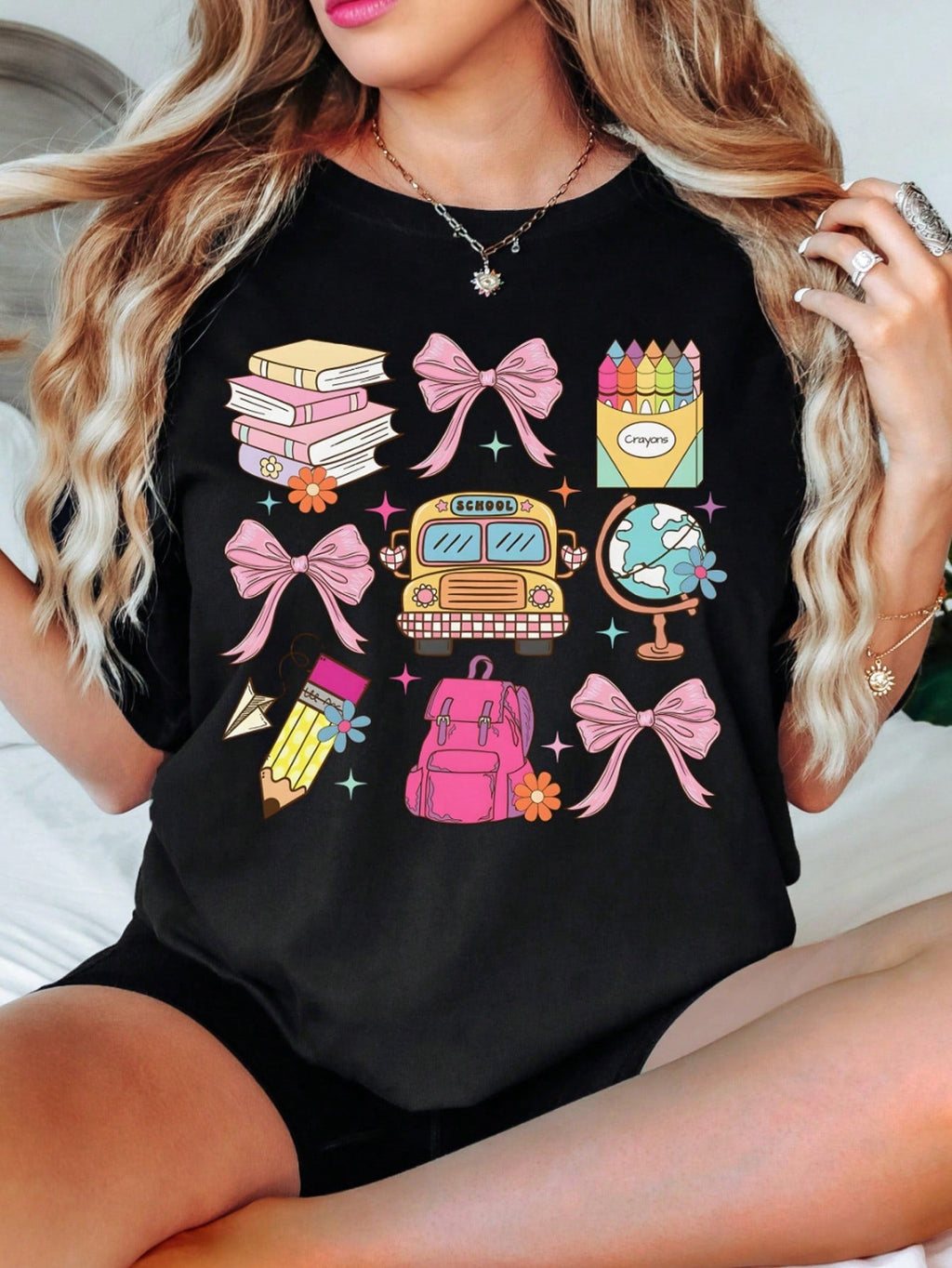 Cute Teacher Coquette School Elements Graphic T‑Shirt, Back To School Bow Book Bus Casual Tee for Women