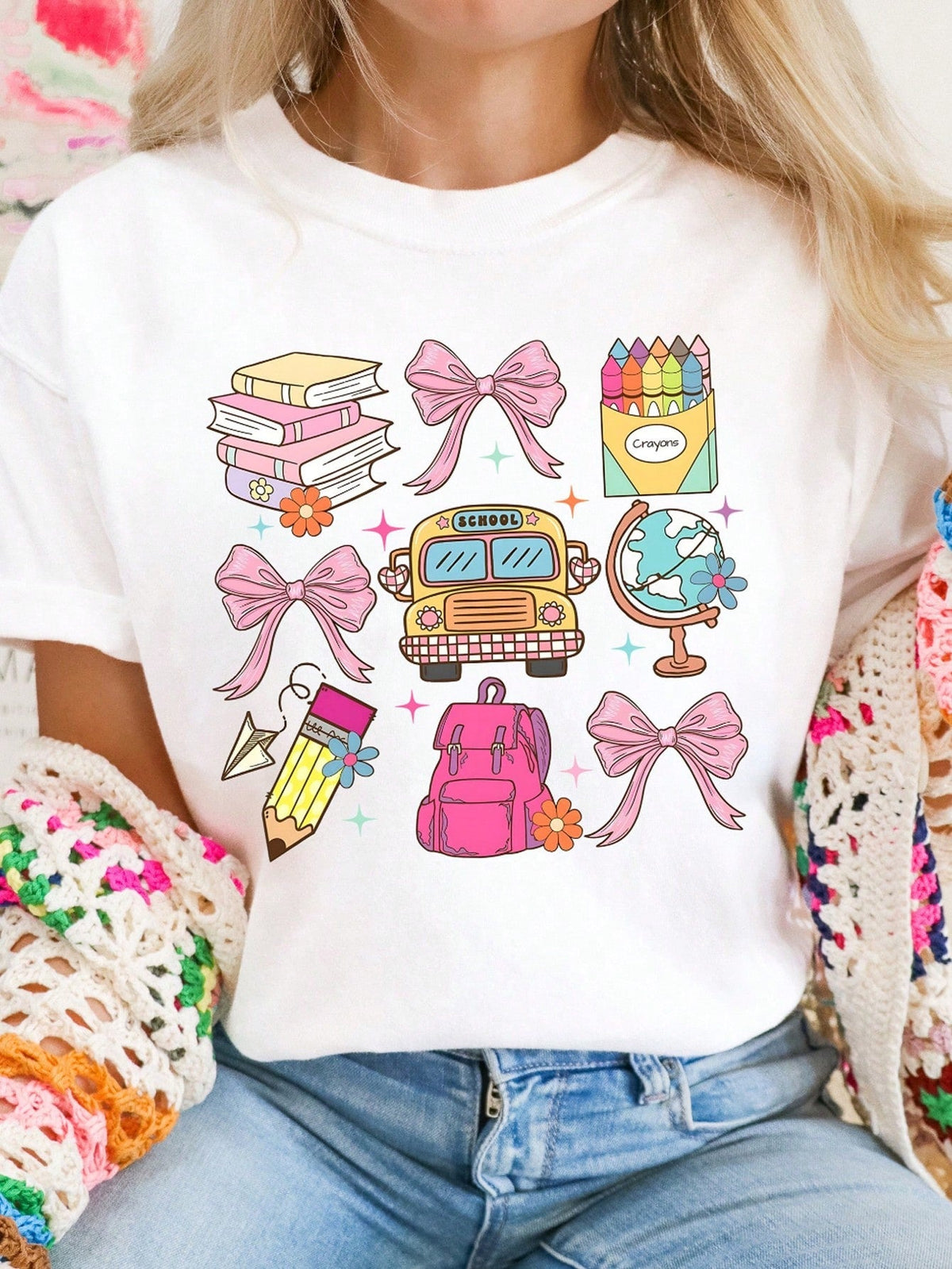 Cute Teacher Coquette School Elements Graphic T‑Shirt, Back To School Bow Book Bus Casual Tee for Women