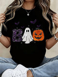 Women Halloween Boo Pumpkin Bat Graphic Tee Short Sleeve Casual Top
