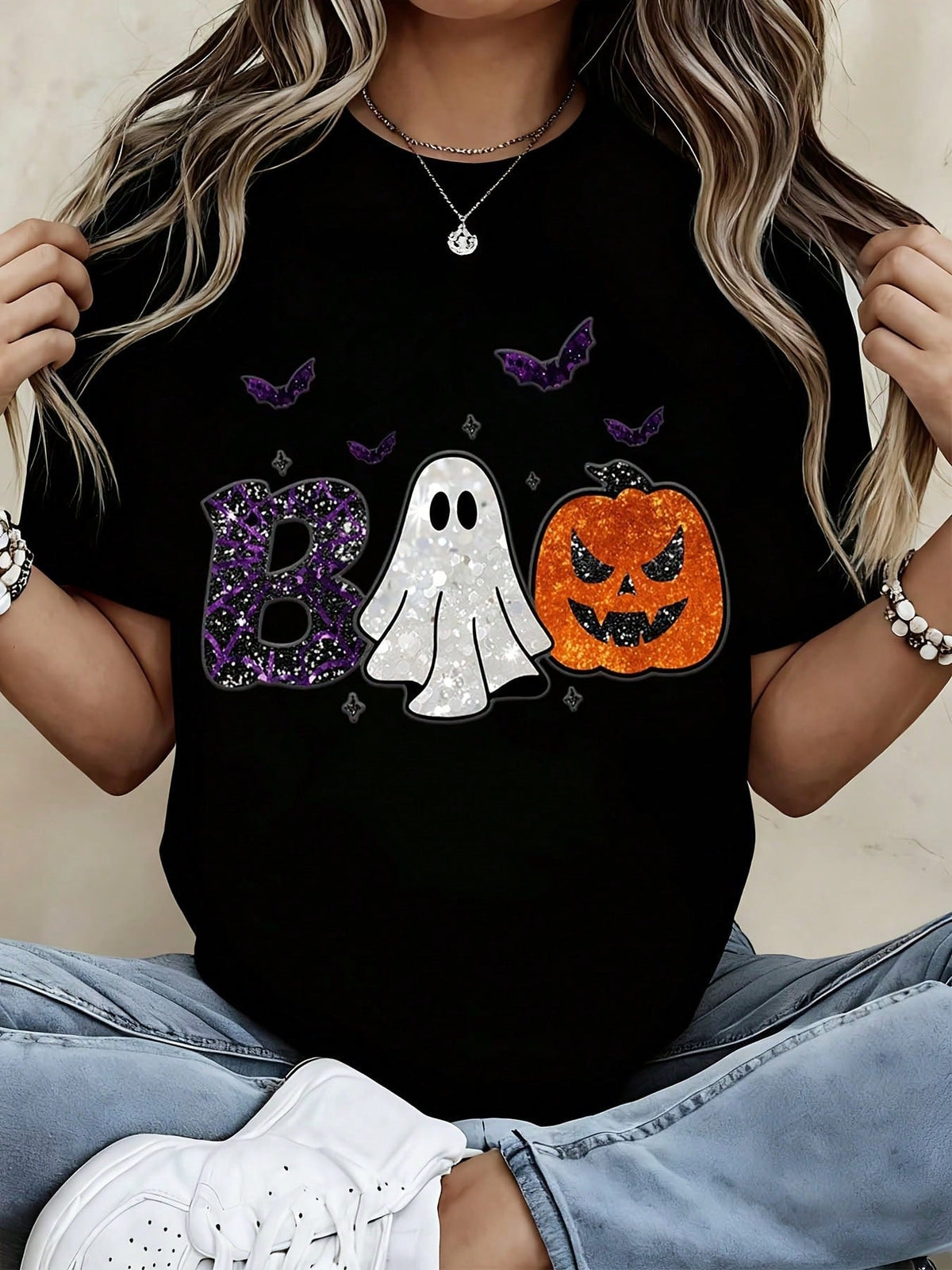 Women Halloween Boo Pumpkin Bat Graphic Tee Short Sleeve Casual Top