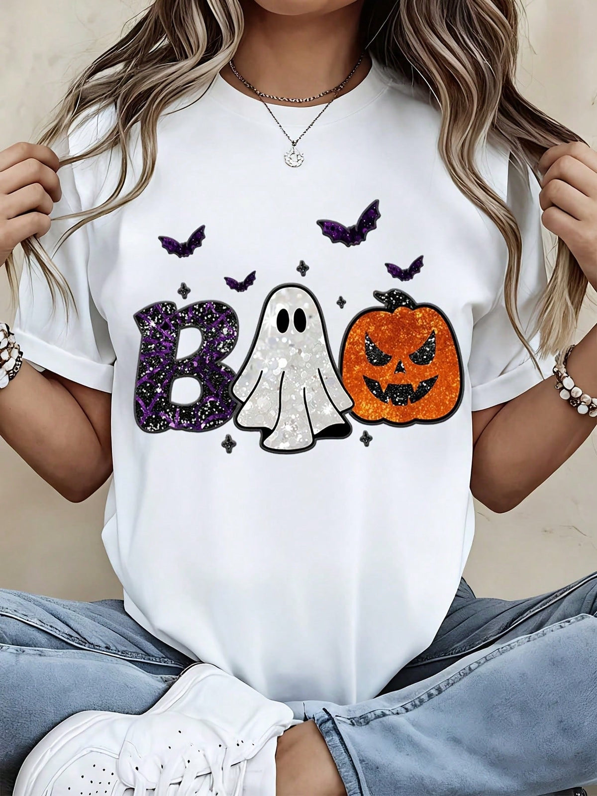 Women Halloween Boo Pumpkin Bat Graphic Tee Short Sleeve Casual Top