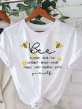 Women'S Inspirational Bee Pattern T-Shirt, Short-Sleeved Round-Neck Casual Top Featuring The "Be Happy" Slogan