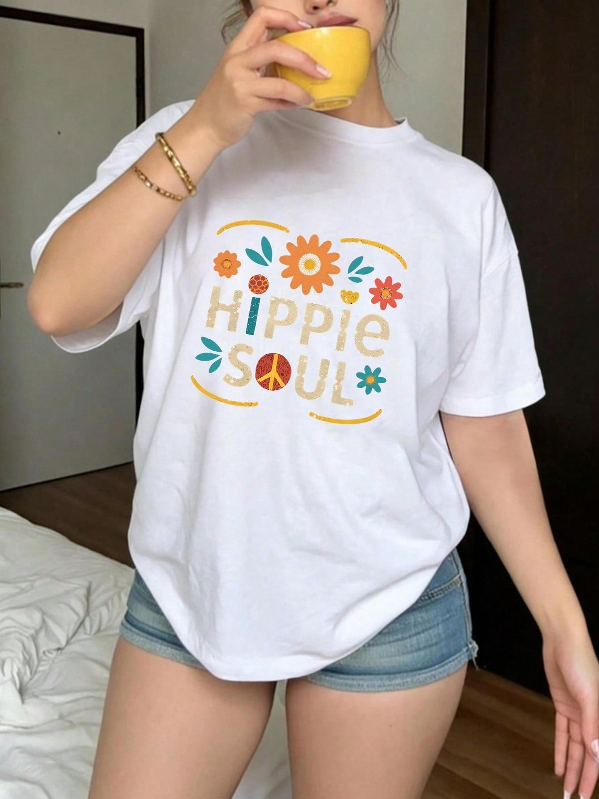 Women's Hippie Soul Graphic T-Shirt, Boho Inspired Retro Floral Print, Soft Breathable Cotton Blend Casual Top, Festival Fashion