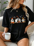 Halloween Ghost Pumpkin Graphic Tees Women Fall Maple Leaf Cute Print Black Top Cute Tops Summer Outfits Autumn Holiday Casual Daily Going