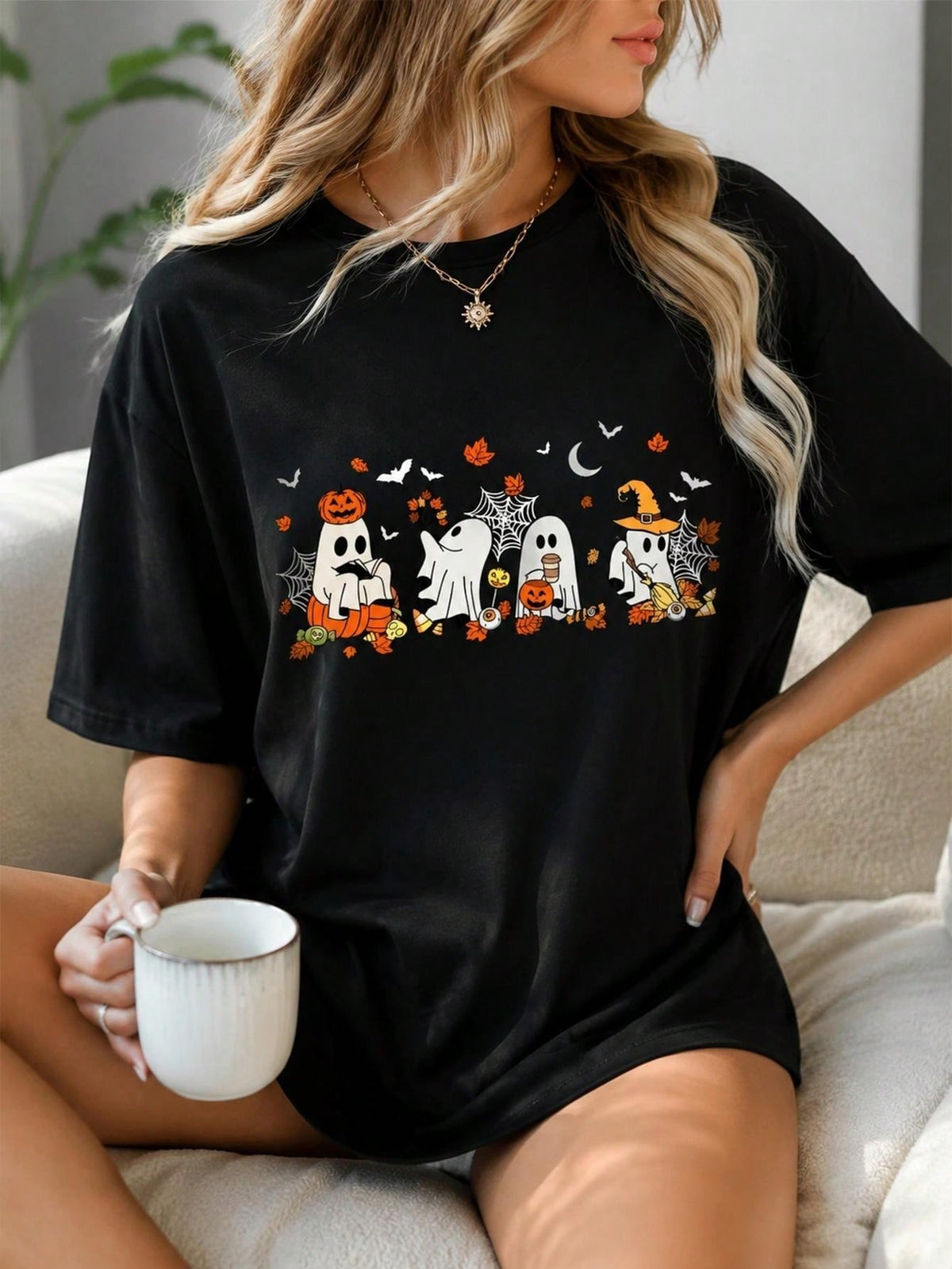 Halloween Ghost Pumpkin Graphic Tees Women Fall Maple Leaf Cute Print Black Top Cute Tops Summer Outfits Autumn Holiday Casual Daily Going