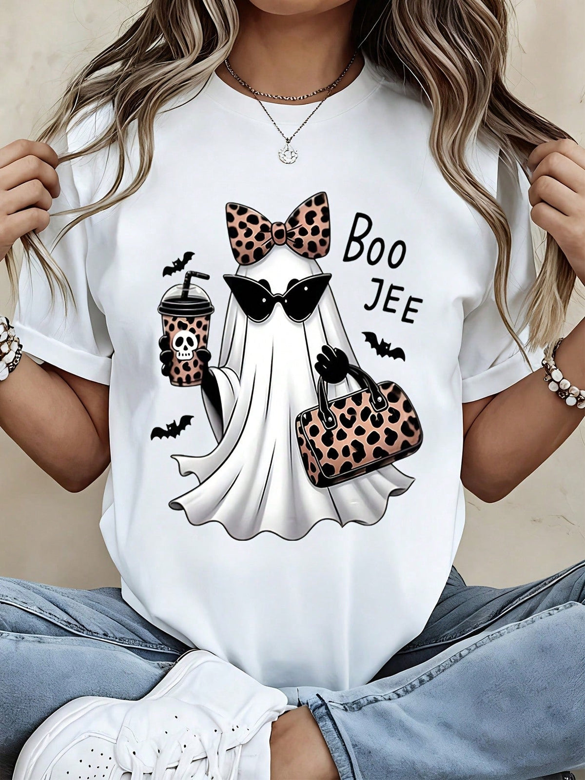 Cute Halloween Ghost Leopard Print Bow Sunglasses Boo Jee Graphic Tee Casual Fall Party Top