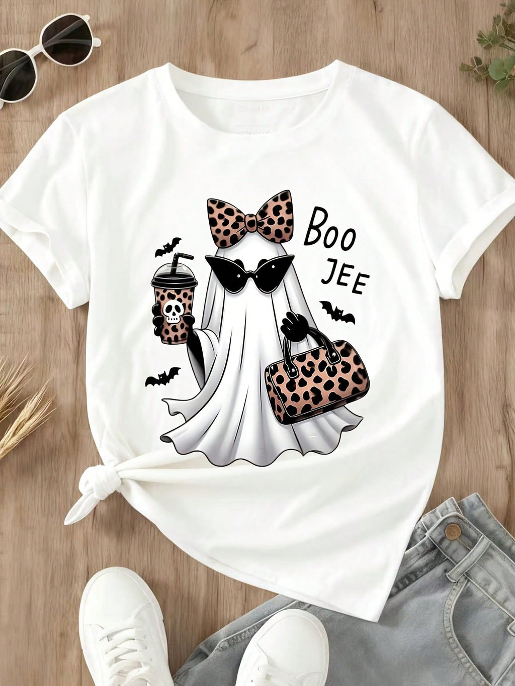 Cute Halloween Ghost Leopard Print Bow Sunglasses Boo Jee Graphic Tee Casual Fall Party Top