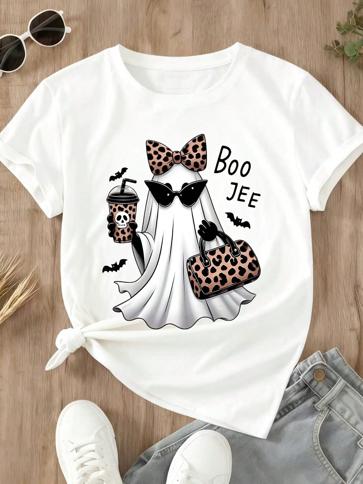 Cute Halloween Ghost Leopard Print Bow Sunglasses Boo Jee Graphic Tee Casual Fall Party Top