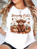 Howdy Fall Highland Cow Pumpkin Leaves Print Round Neck Autumn Seasonal Gift Women's T-Shirt